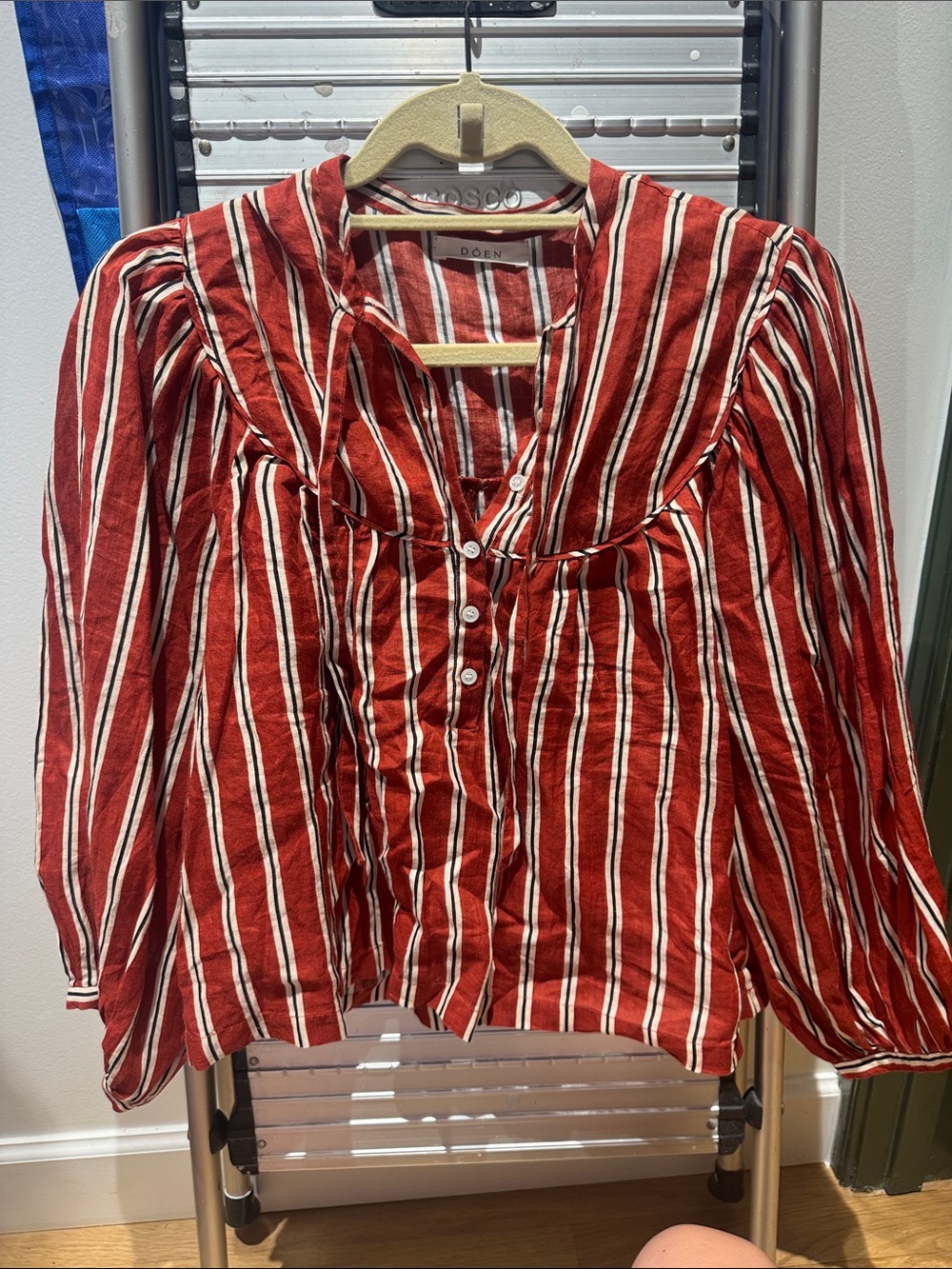 Doen Rust-Red and White Striped Button-Up Peasant Blouse
